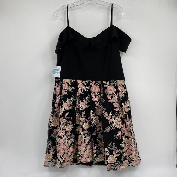 Morgan & Co. Black Pink Embroidered Tulle Off the Shoulder Mini Dress | Size 20W - Picture 6 of 9